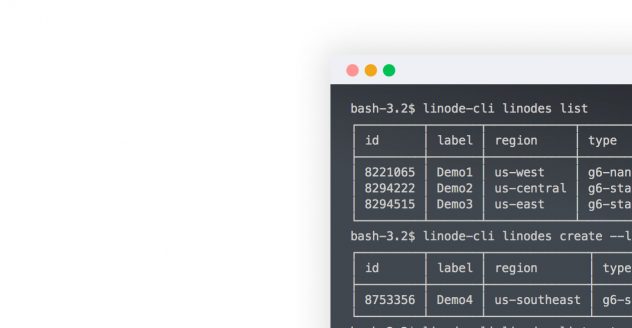 Command Line view showing a list of Linode Compute instances on Akamai Connected Cloud